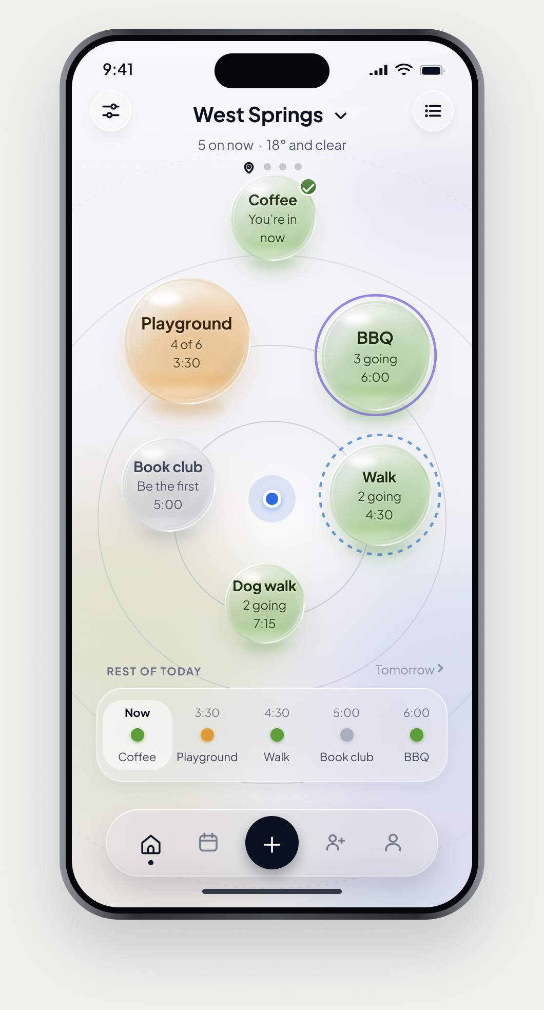 The Common app: a constellation of activity bubbles near you — coffee, a playground trip, a BBQ, a book club, a walk — each showing how many people are in.
